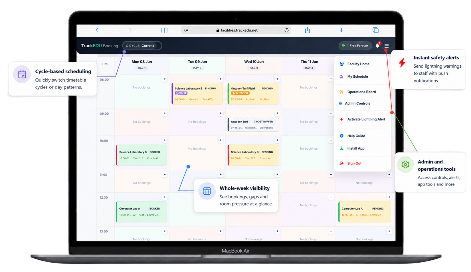 TrackEDU Facilities desktop dashboard showing the weekly room booking calendar, cycle selector, admin controls, lightning alert tools and shared space management