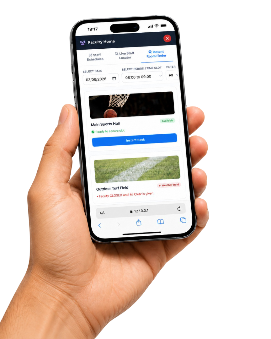 TrackEDU Facilities mobile room finder showing available rooms and booking status