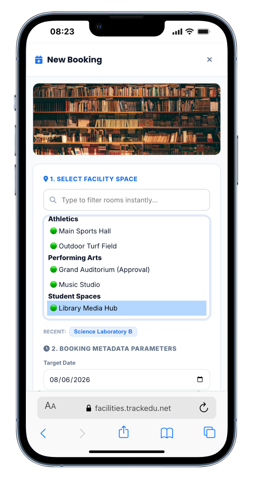 TrackEDU New Booking flow for selecting a facility and creating a room booking