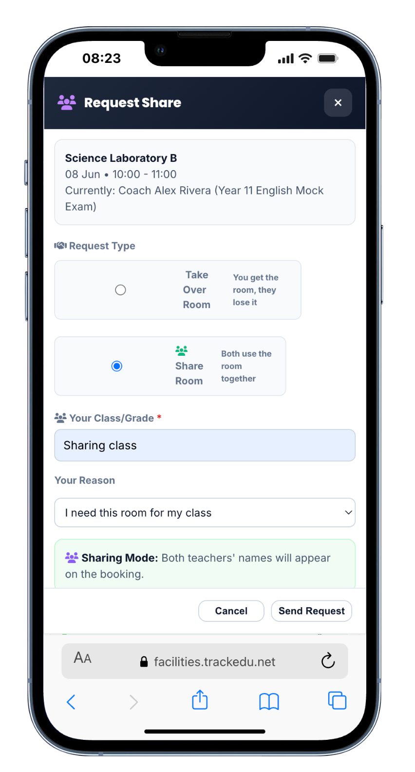TrackEDU Request Share feature for sharing or taking over a booked room